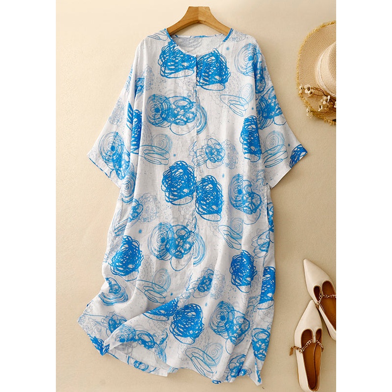 Loose Blue O Neck Print Side Open Cotton Dress Half Sleeve