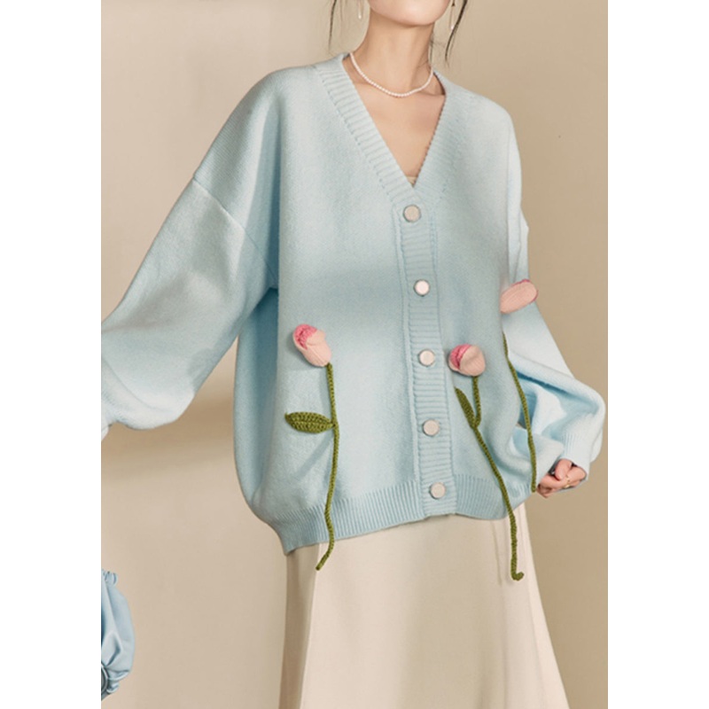 Loose Blue V Neck Button Patchwork Knit Cardigan Spring