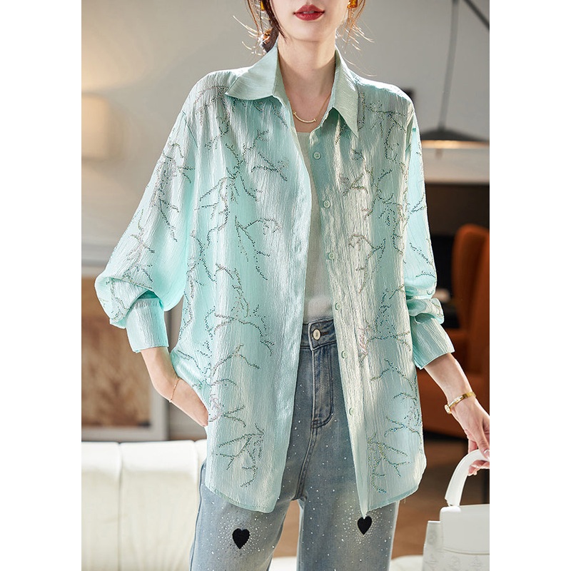 Loose Green Peter Pan Collar Zircon Blouse Long Sleeve