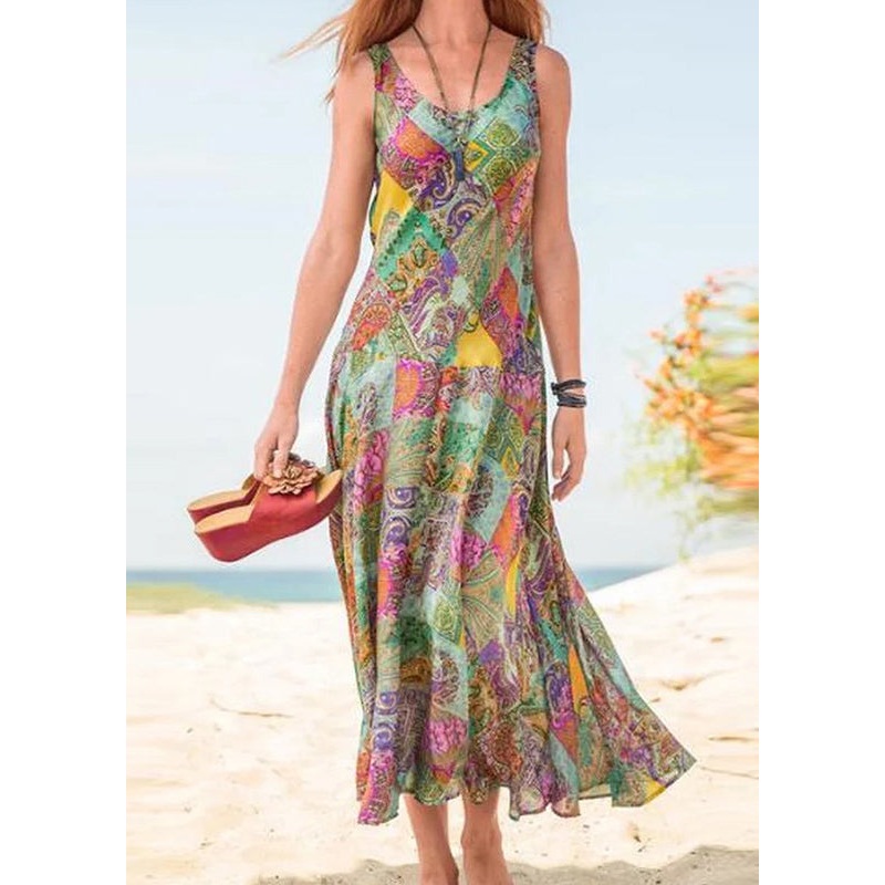 Loose Green U Neck Print Cotton Dresses Sleeveless