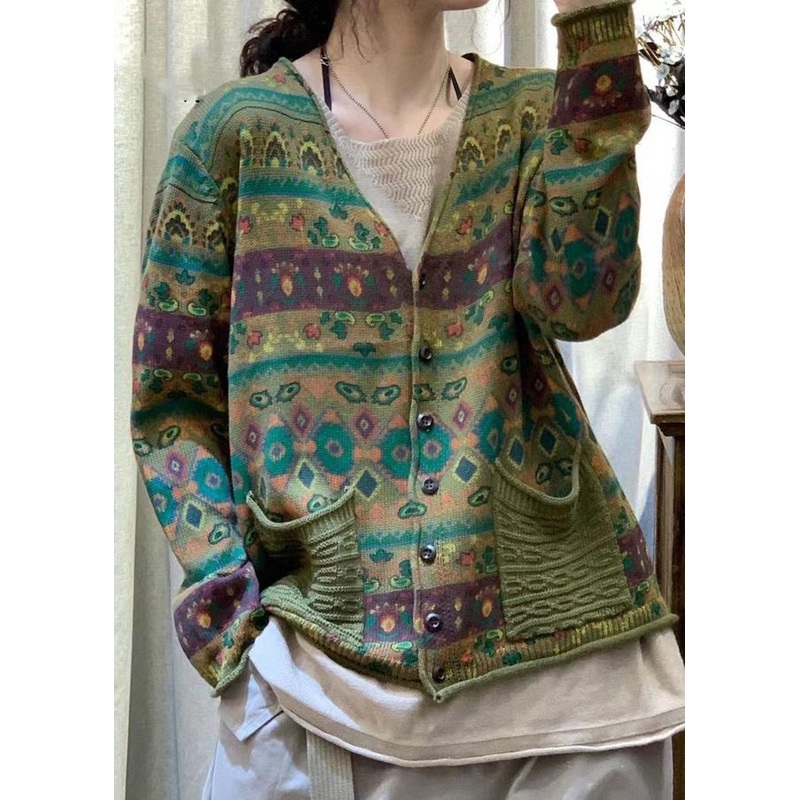 Loose Green V Neck Button Pockets Knit Coat Spring