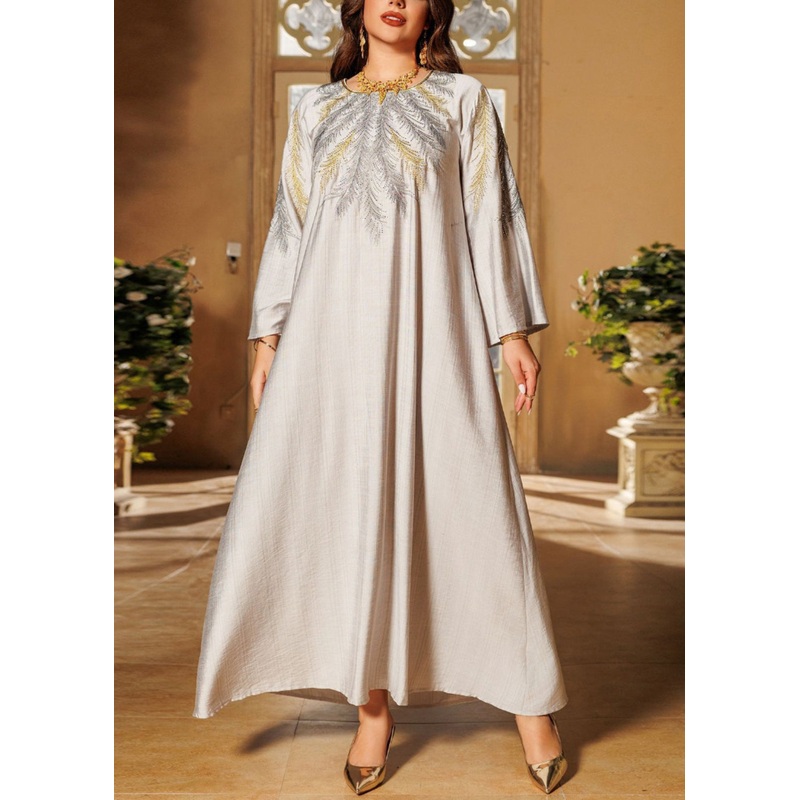 Loose Grey Embroidered Zircon Cotton Long Dresses Fall