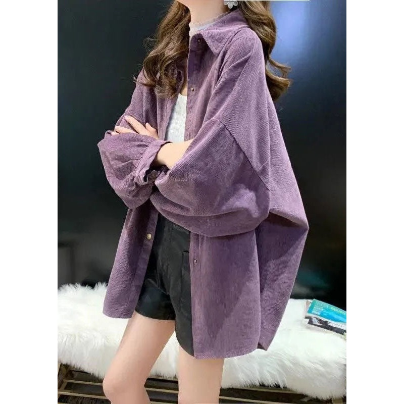 Loose Purple Peter Pan Collar Pockets Corduroy Jackets Spring