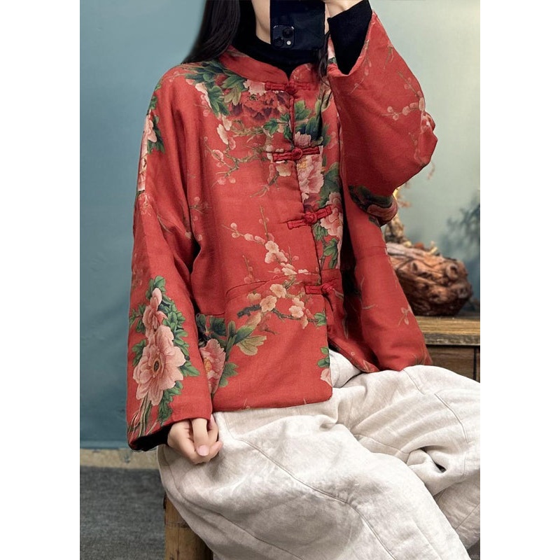 Loose Red Button Print Cotton Filled Coats Long Sleeve