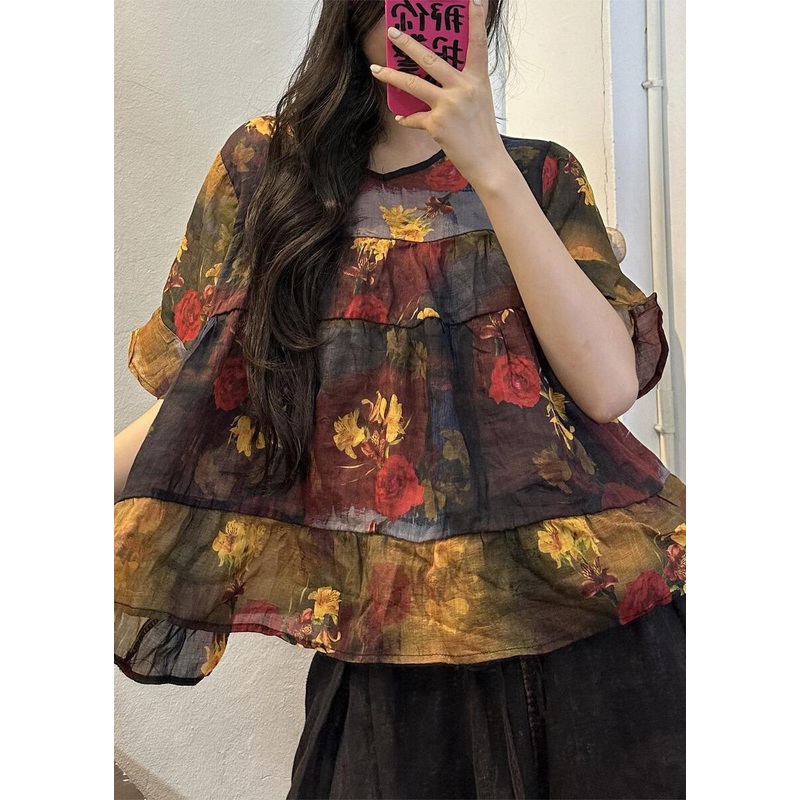 Loose Yellow O-Neck Print Patchwork Linen Blouse Summer