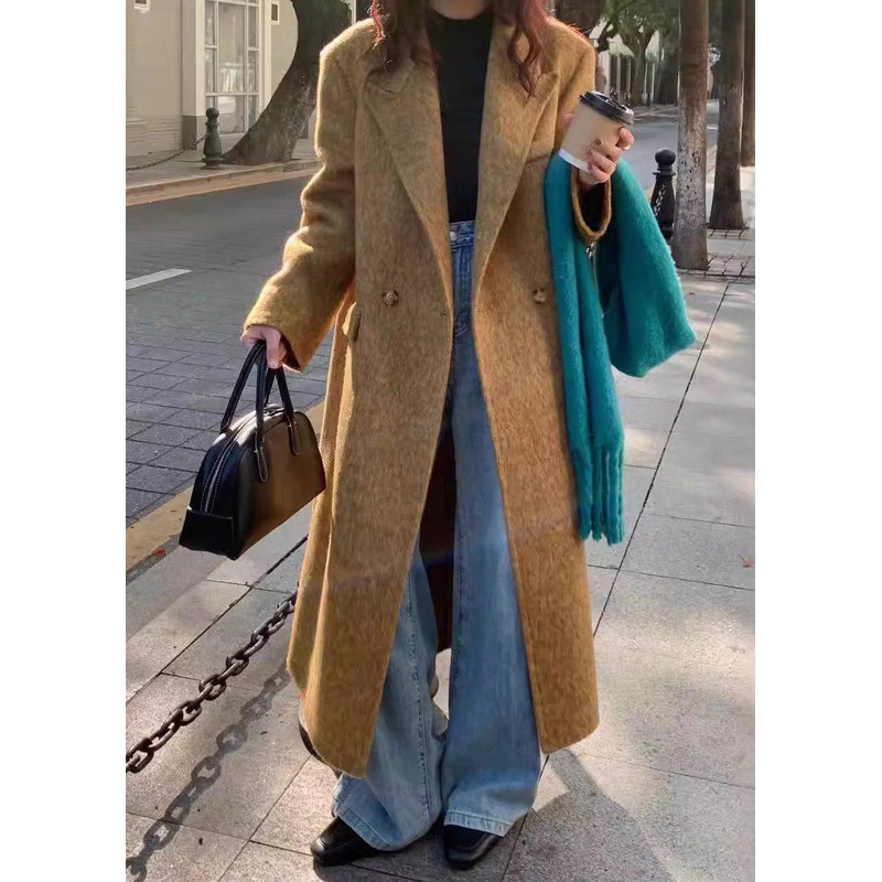 Modern Brown Peter Pan Collar Pockets Woolen Coat Winter