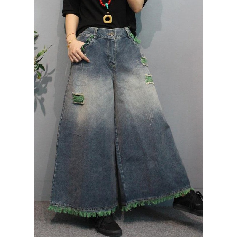 Modern Green Pockets High Waist Denim Wide Leg Pants Summer