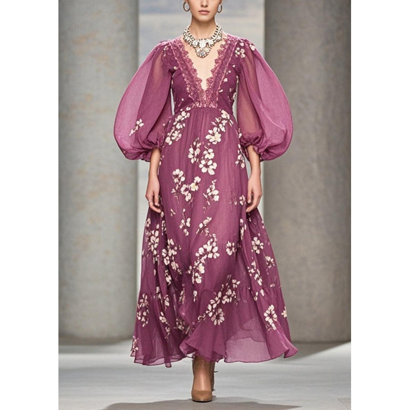 Modern Purple V Neck Print Chiffon Long Dress Puff Sleeve