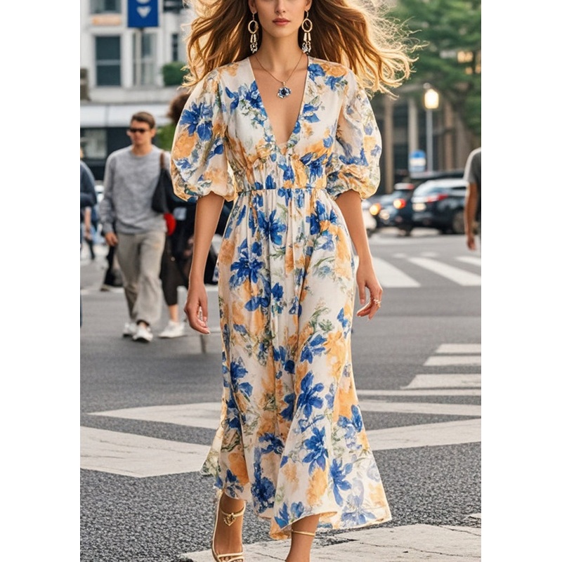 Natural Apricot Cinched Print Chiffon Holiday Dresses Summer