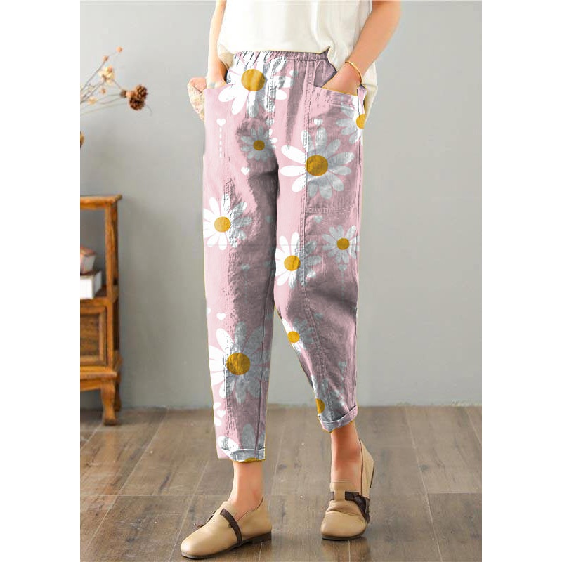 Natural pink flowers Pockets Cotton Linen  Pants Summer