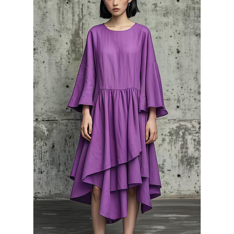 Natural Purple Asymmetrical Exra Large Hem Cotton Dress Fall