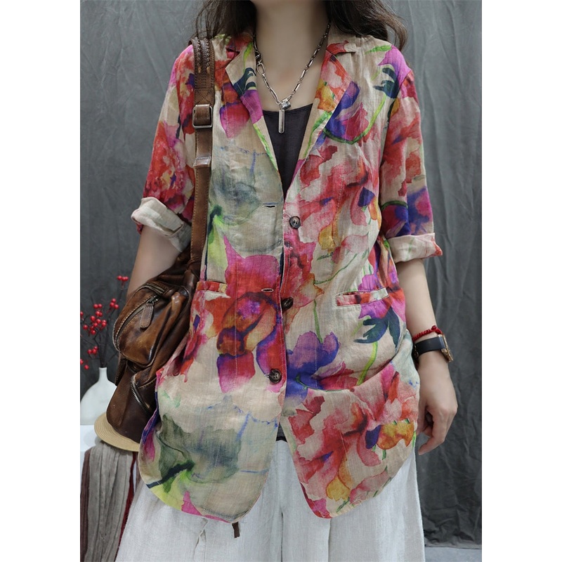 New Apricot Print Back Open Pockets Cotton Coats Bracelet Sleeve