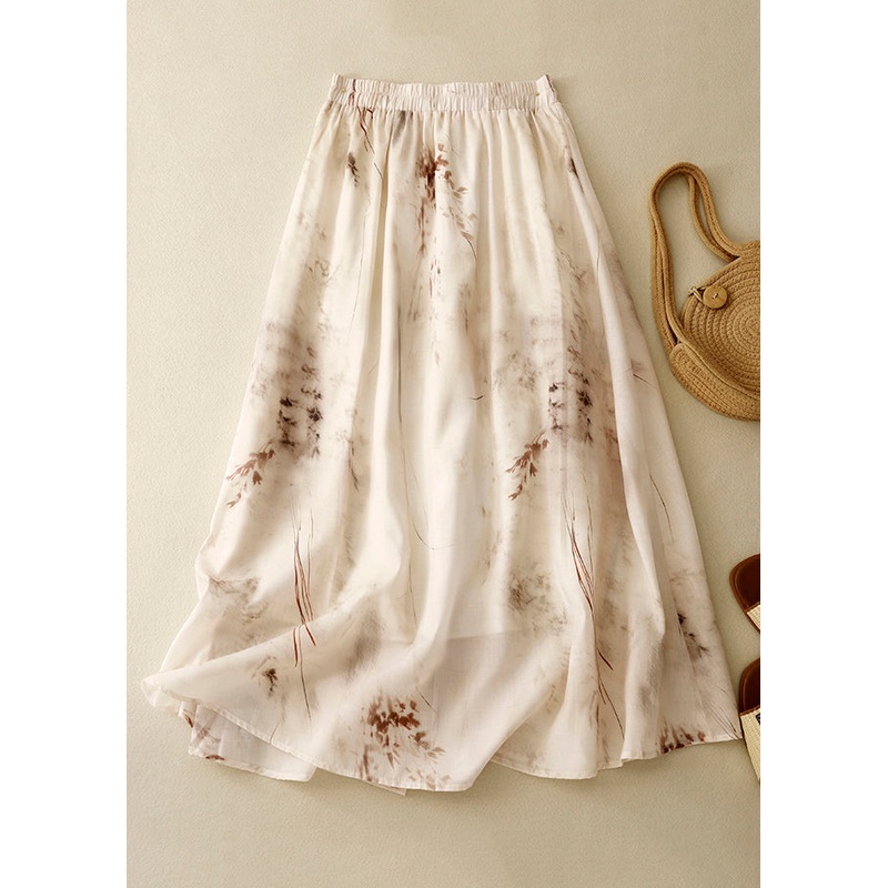 New Apricot Print Elastic Waist Linen Skirts Summer