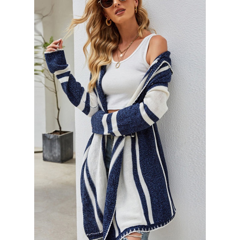 New Blue Hooded Striped Asymmetrical Knit Loose Coat Fall