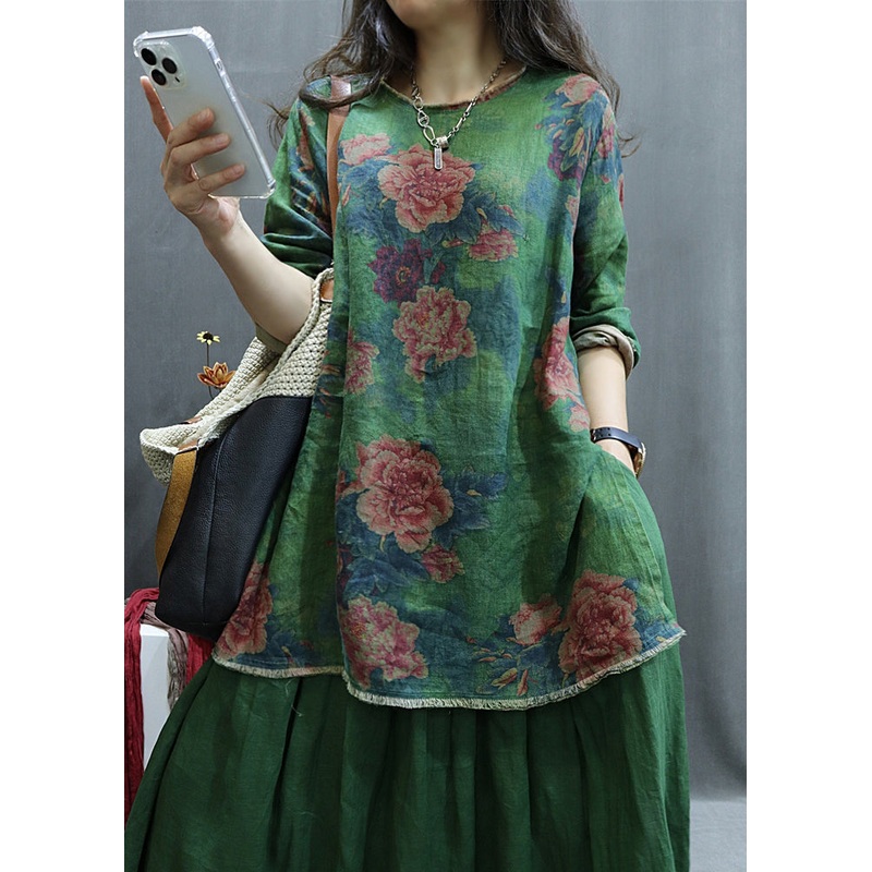 New Green Print Side Open Linen Blouse Spring