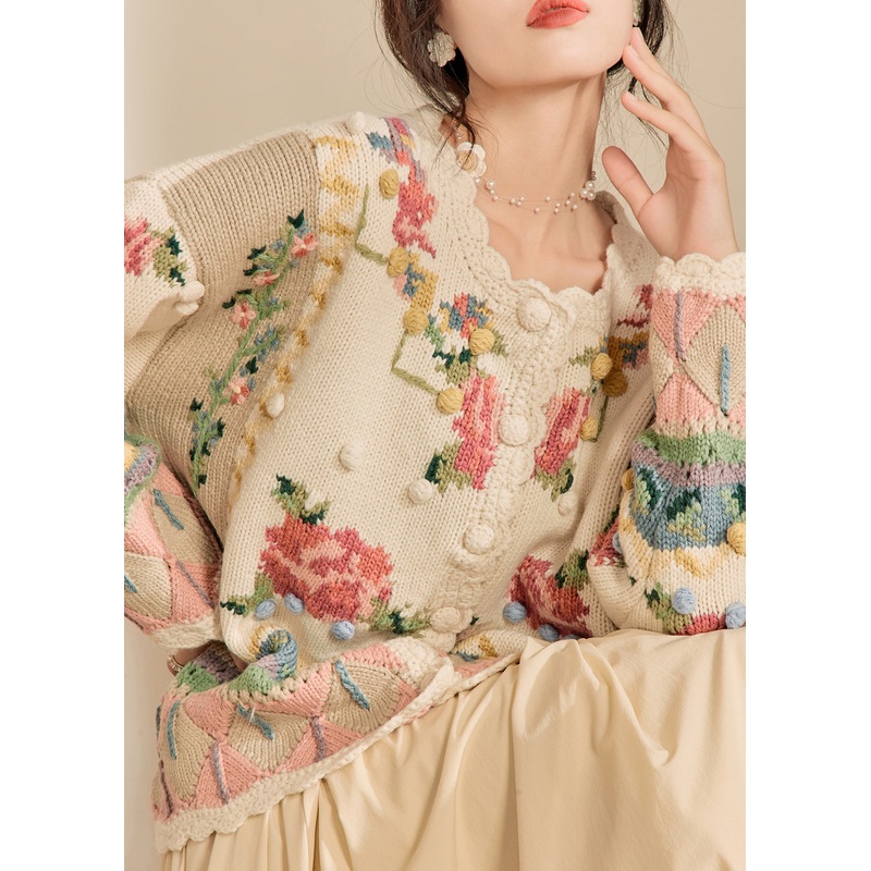 New Loose Beige Embroidered Button Knit Cardigans Fall