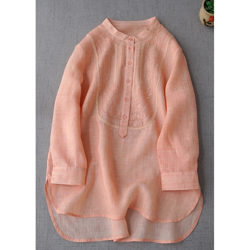 New Pink Embroidered Button Linen Shirts Long Sleeve