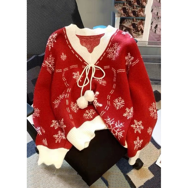 New Red V Neck Print Lace Up Cotton Knit Sweaters Spring