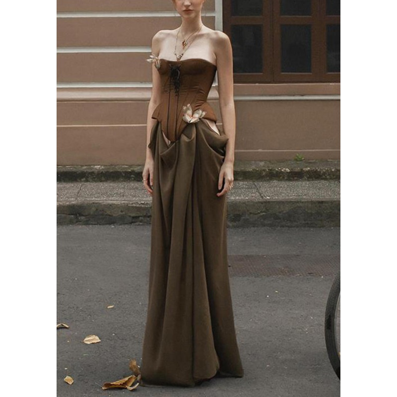 Novelty Brown Patchwork Cold Shoulder Vacation Maxi Dresses Summer