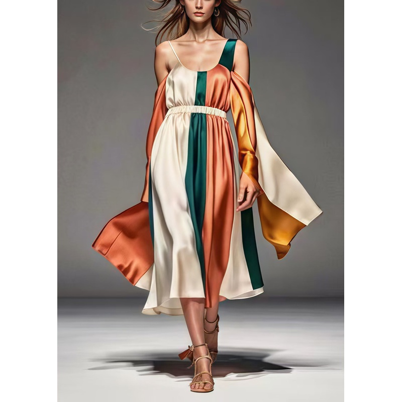 Organic Colorblock Asymmetrical Patchwork Silk Robe Dresses Summer