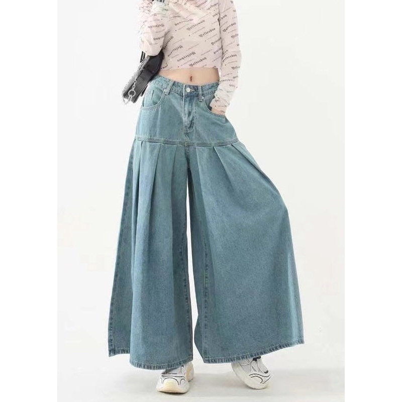 Original Design Blue Pockets Wrinkled Patchwork Denim Pants Skirt Spring