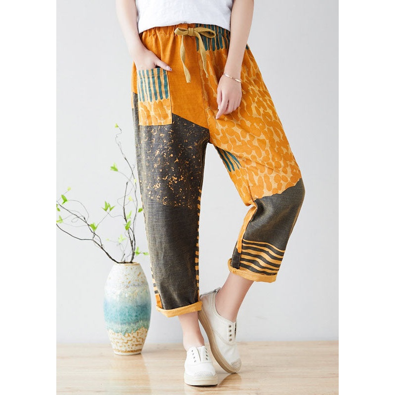 Original Design Yellow Elastic Waist Print Cotton Pants Spring