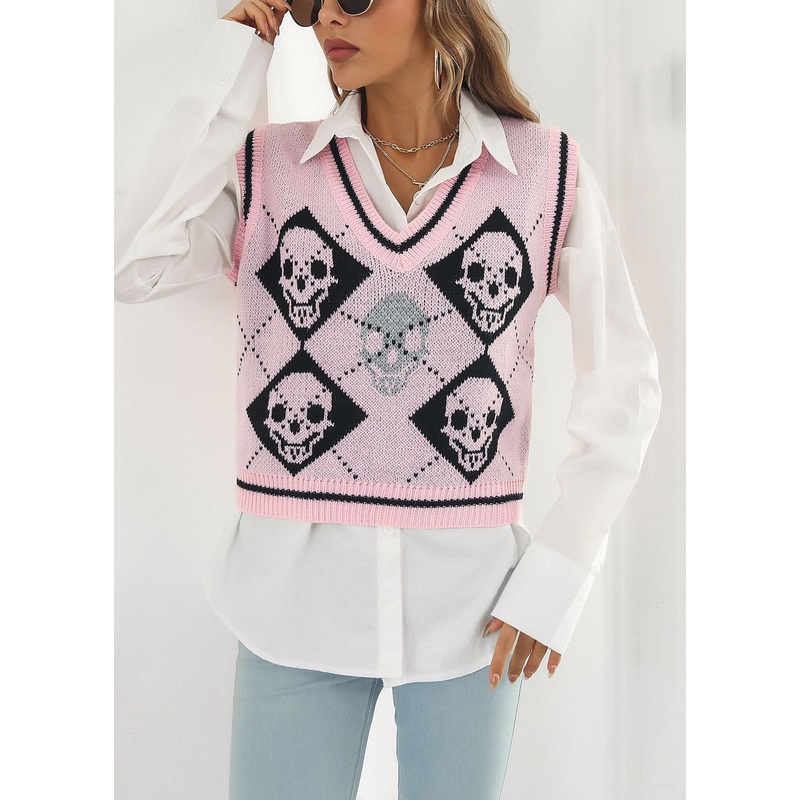 Pink Skull Cozy Patchwork Knit Vest V Neck Fall