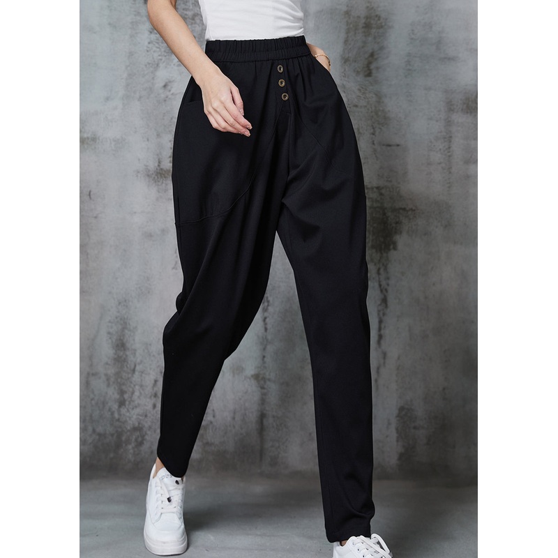 Plus Size Black Elastic Waist Cotton Harem Pants Spring