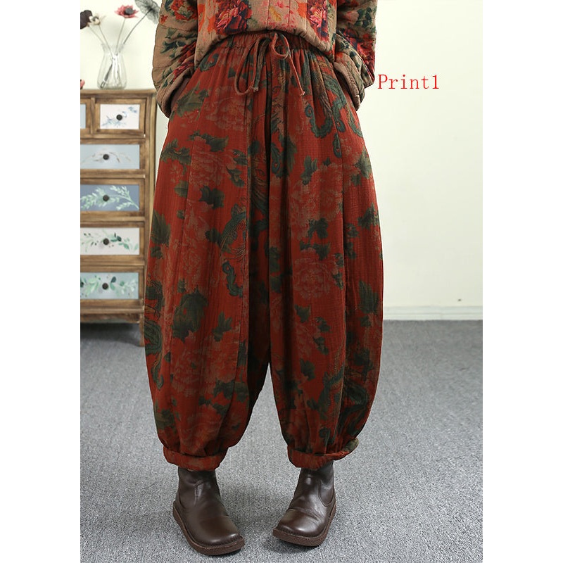 Plus Size Pockets Print Elastic Waist Fine Cotton Filled Pants Winter