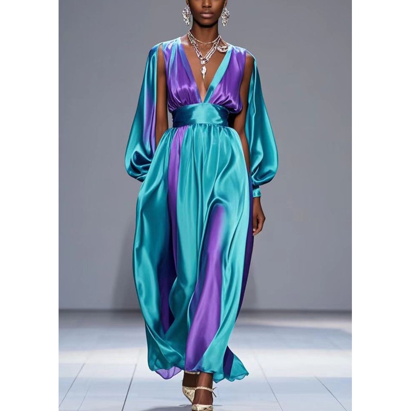 Purple Tie Dye Silk Party Dress V Neck Cinched Fall