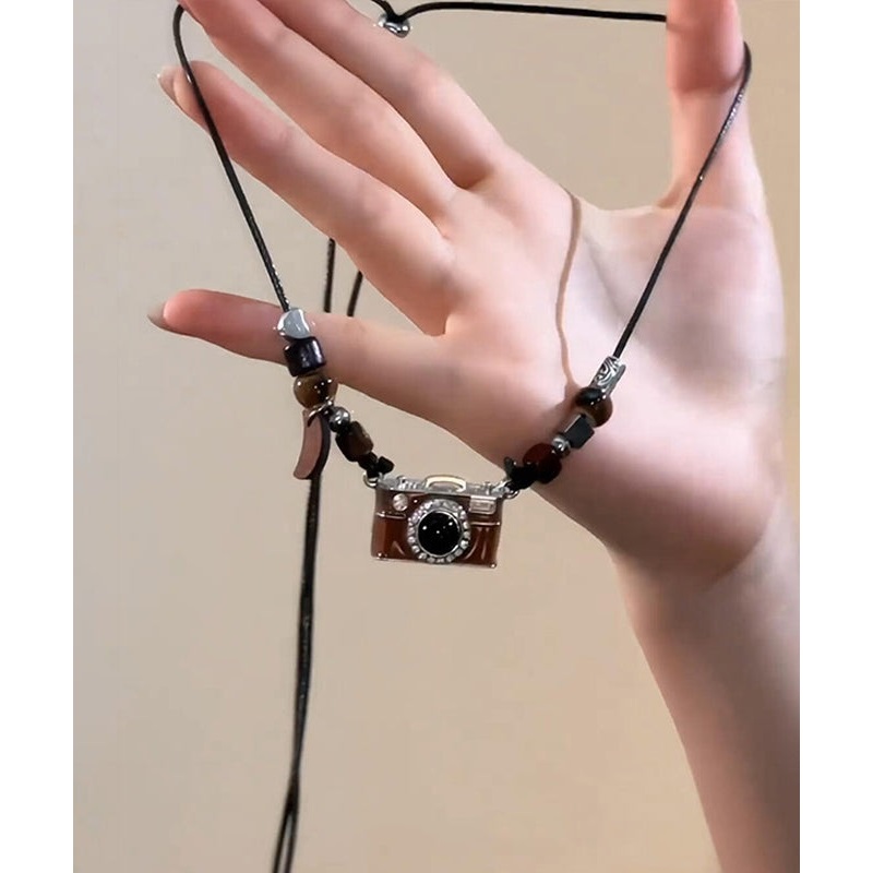 Retro Brown Copper Overgild Leather Resin Drip Glaze Camera Pendant Necklace