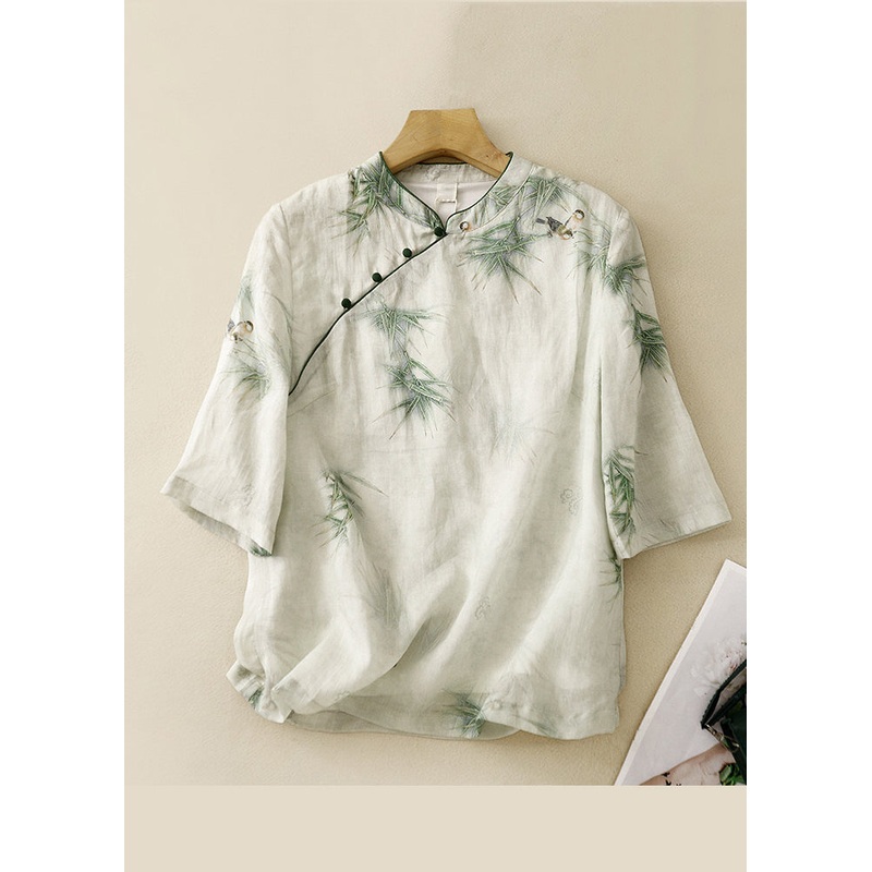 Retro Green Stand Collar Embroidered Linen Shirt Top Summer