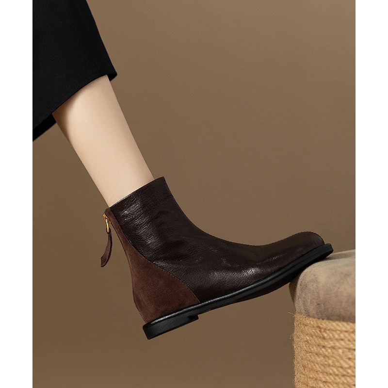 Retro Suede Splicing Flats Boots Brown Faux Leather