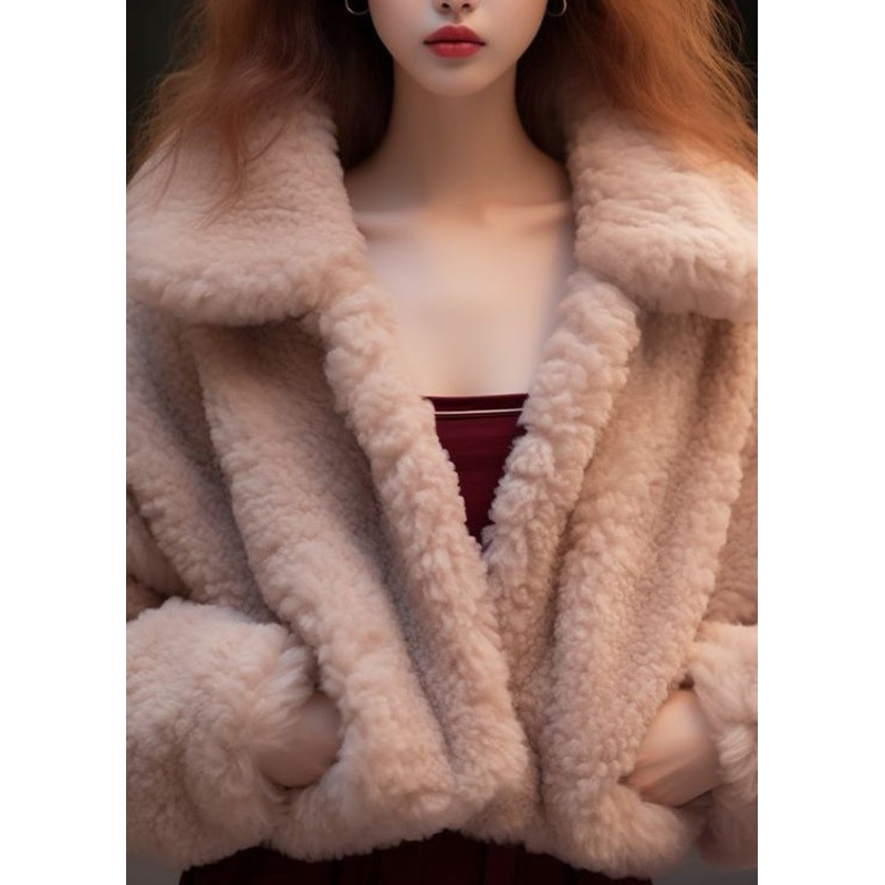 Simple Apricot Peter Pan Collar Pockets Teddy Faux Fur Coats Long Sleeve