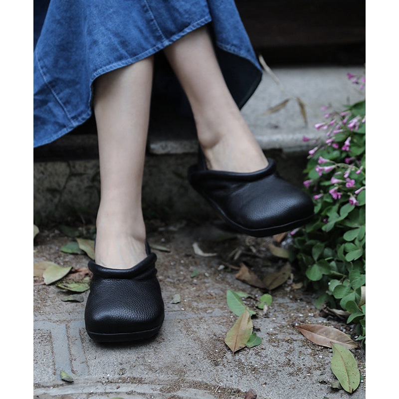 Simple Black Flat Sandals Platform Cowhide Leather Slide Sandals
