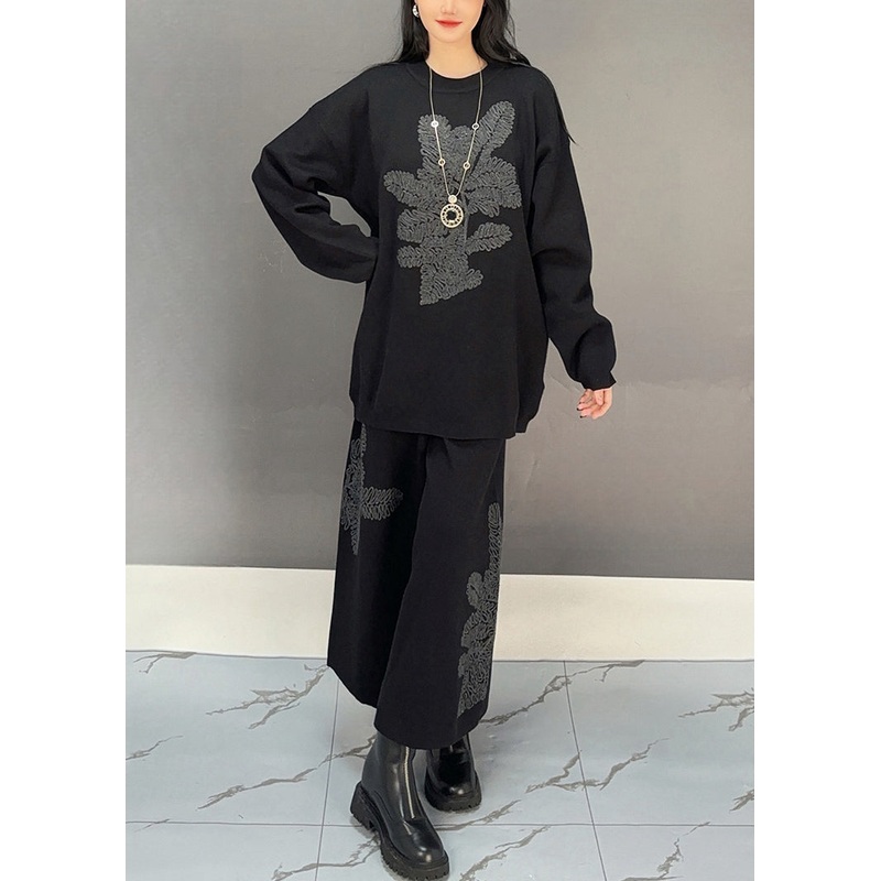 Simple Black O Neck Embroidered Solid Cotton Two Piece Set Fall