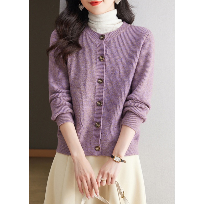 Simple Purple O Neck Button Knit Cardigan Fall