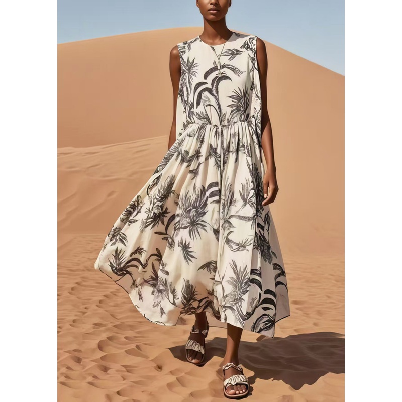 Simple White Print Exra Large Hem Cotton Long Dresses Sleeveless