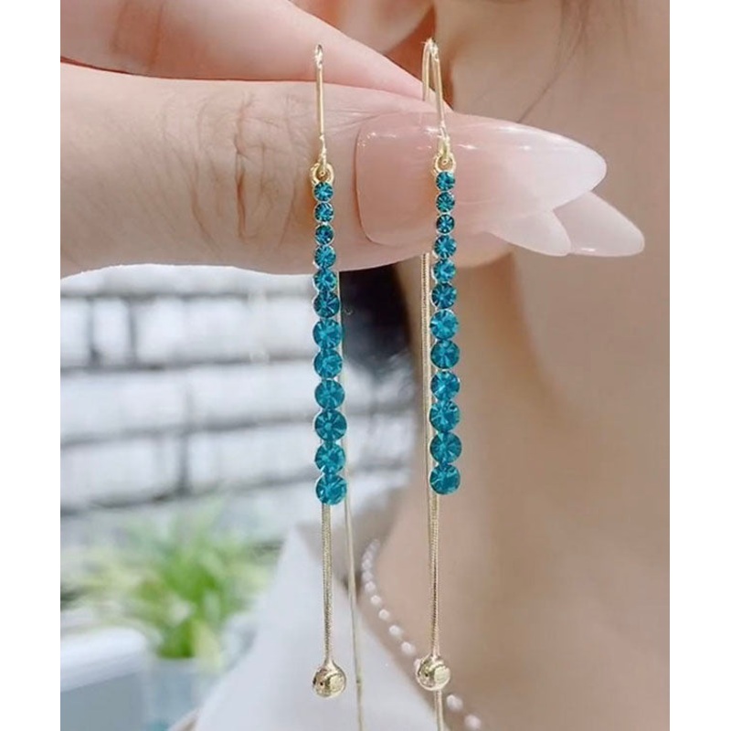 Skinny Blue Copper Alloy Inlaid Zircon Tassel Drop Earrings