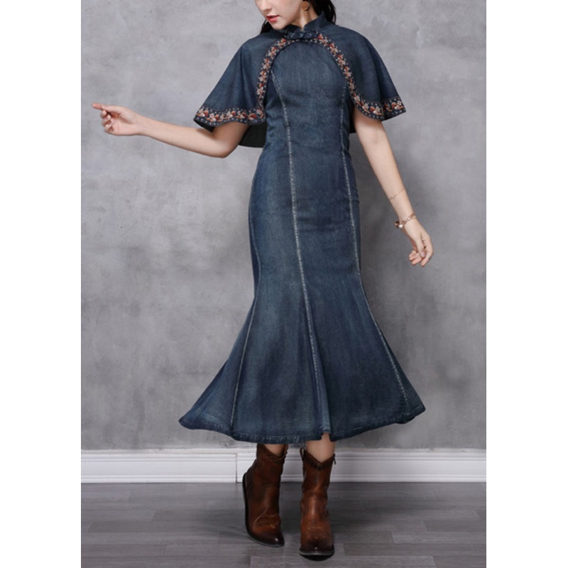 Slim Fit Navy Stand Collar Patchwork Long Denim Dresses Summer