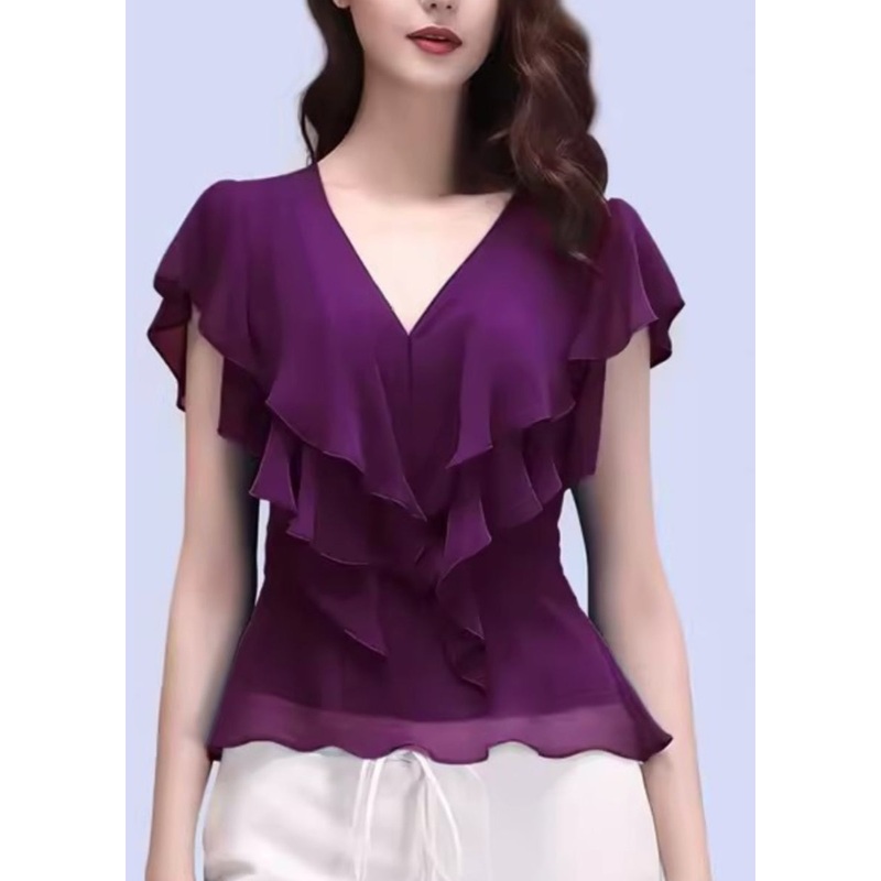 Slim Fit Purple V Neck Ruffled Chiffon Tops Short Sleeve