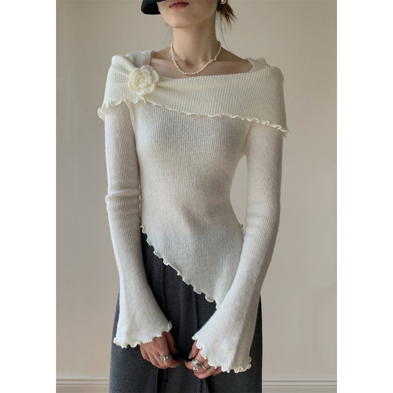 Slim Fit White Asymmetrical Knitting Cotton Sweaters Fall