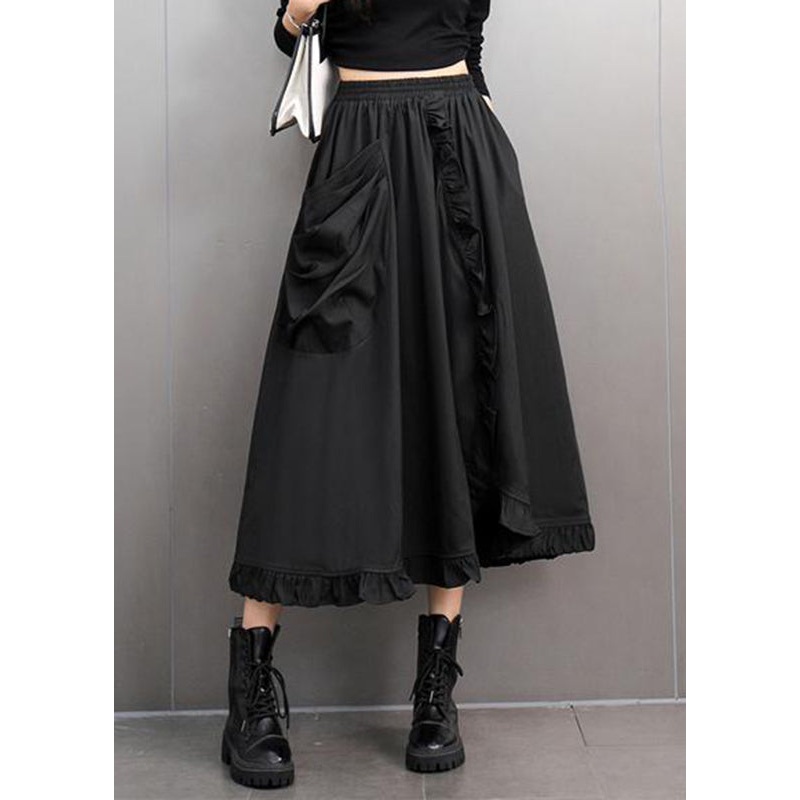 Stylish Black Ruffled Patchwork Pockets Elastic Waist A Line Skirts Spring