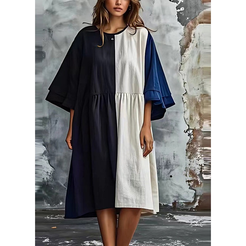 Stylish Colorblock Oversized Patchwork Cotton Dress Batwing Sleeve
