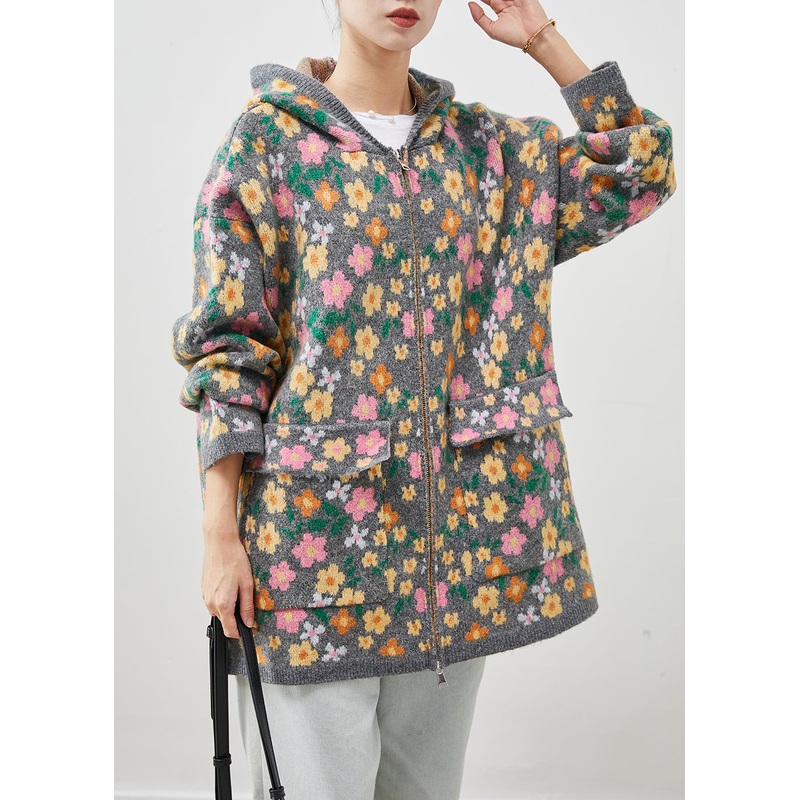 Stylish Grey Zip Up Floral Print Knit Coat Spring