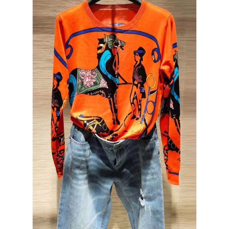 Stylish Orange Print Knit Sweater Long Sleeve