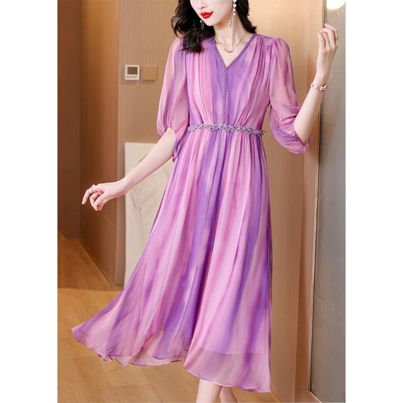 Stylish Purple V Neck Striped Wrinkled Silk Long Dresses Summer