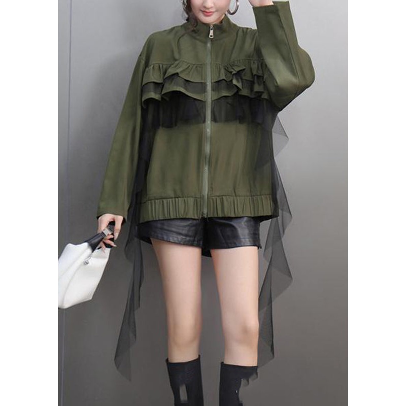 Unique Army Green Turtleneck Ruffled Patchwork Zippered Tulle Coats Spring
