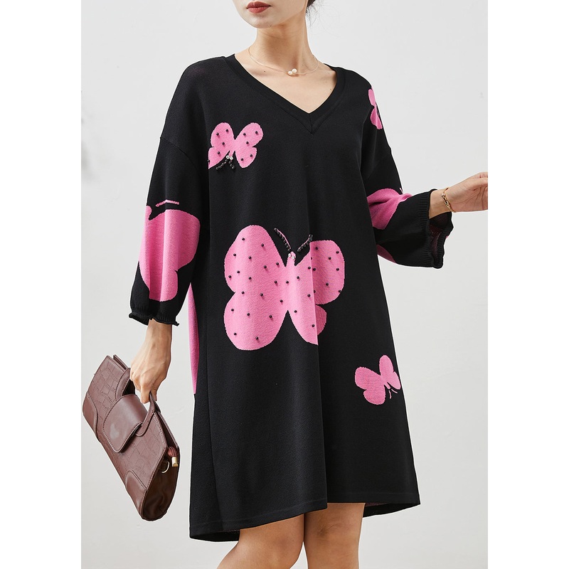Unique Black Oversized Butterfly Nail Bead Cotton Dress Summer
