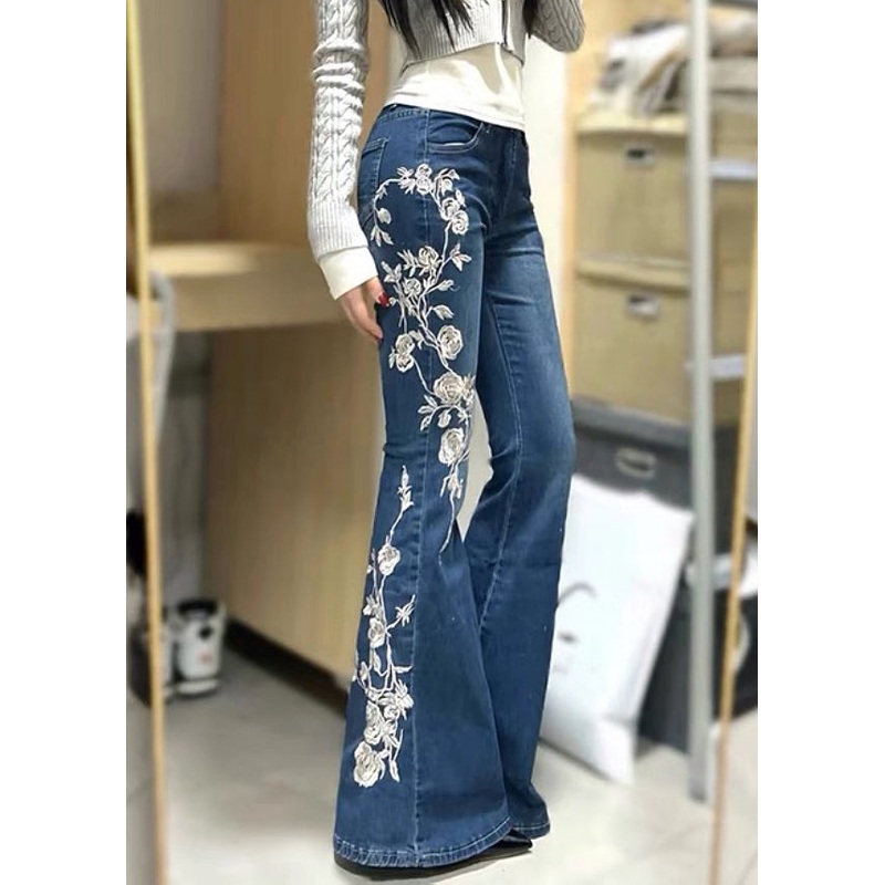 Vintage Blue Embroidered Pockets Denim Flared Trousers Spring